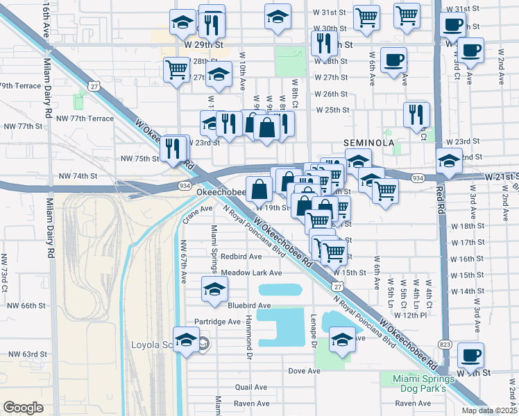 map of restaurants, bars, coffee shops, grocery stores, and more near 960 W 19th St in Hialeah