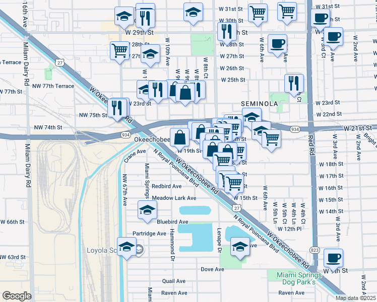 map of restaurants, bars, coffee shops, grocery stores, and more near 1015 West 19th Street in Hialeah