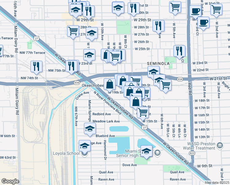 map of restaurants, bars, coffee shops, grocery stores, and more near 1015 West 19th Street in Hialeah