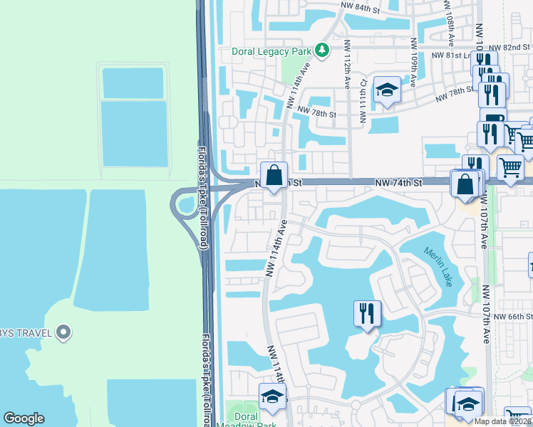 map of restaurants, bars, coffee shops, grocery stores, and more near 7250 Northwest 114th Avenue in Doral