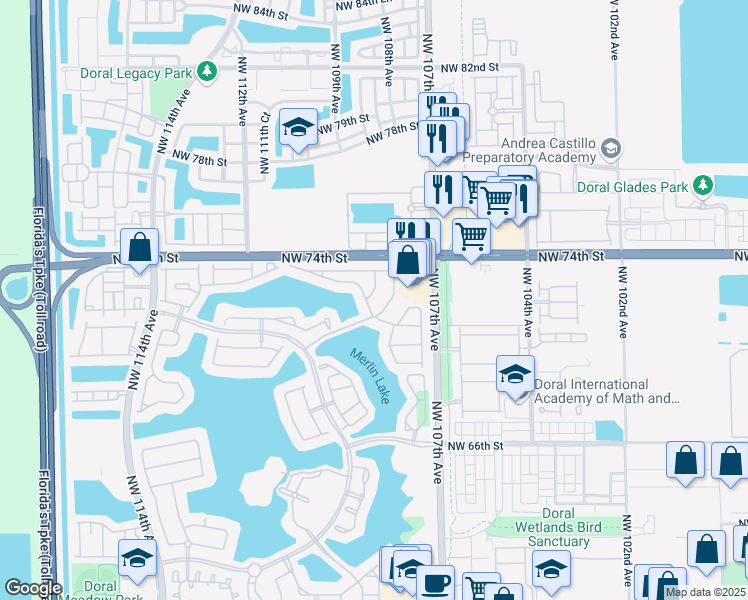 map of restaurants, bars, coffee shops, grocery stores, and more near 10900 Northwest 72nd Street in Doral