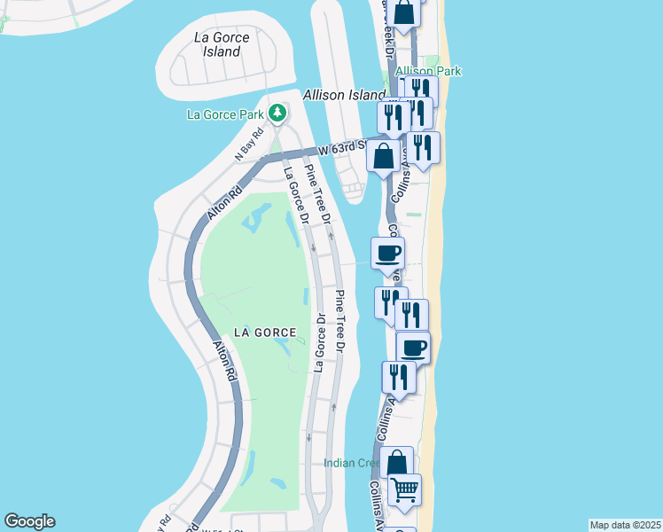 map of restaurants, bars, coffee shops, grocery stores, and more near 5840 Pine Tree Drive in Miami Beach