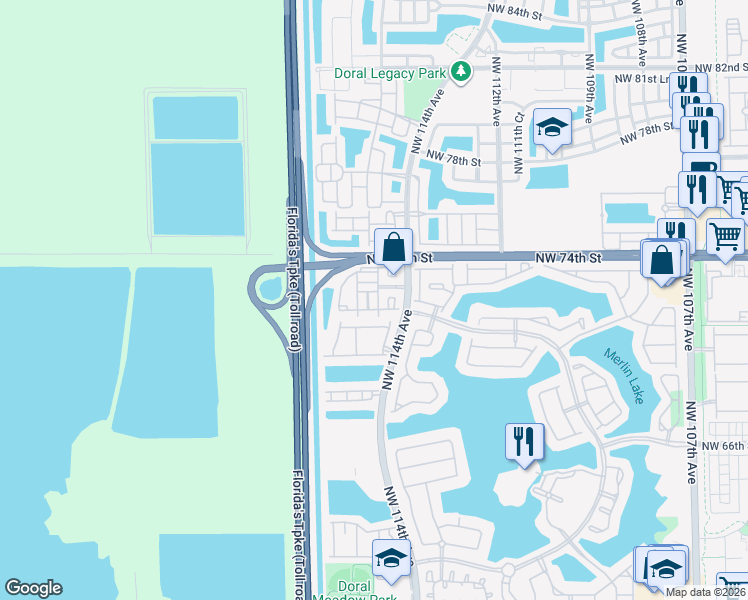 map of restaurants, bars, coffee shops, grocery stores, and more near 7250 Northwest 114th Avenue in Doral