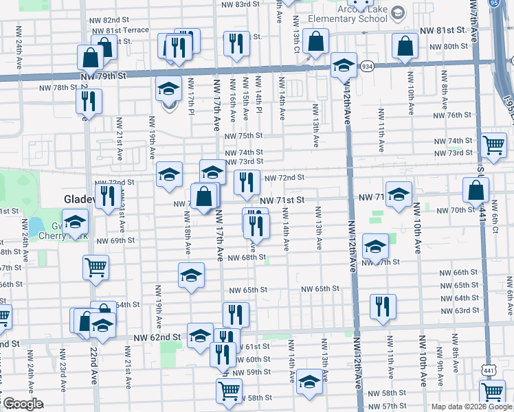 map of restaurants, bars, coffee shops, grocery stores, and more near 1492 Northwest 71st Street in Miami