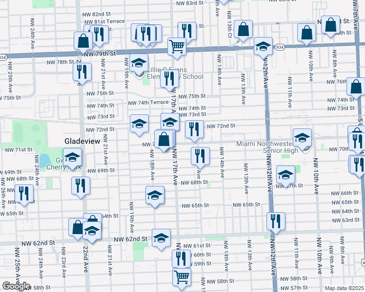 map of restaurants, bars, coffee shops, grocery stores, and more near 1564 Northwest 71st Street in Miami