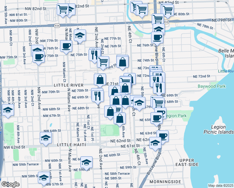 map of restaurants, bars, coffee shops, grocery stores, and more near 318 Northeast 70th Street in Miami