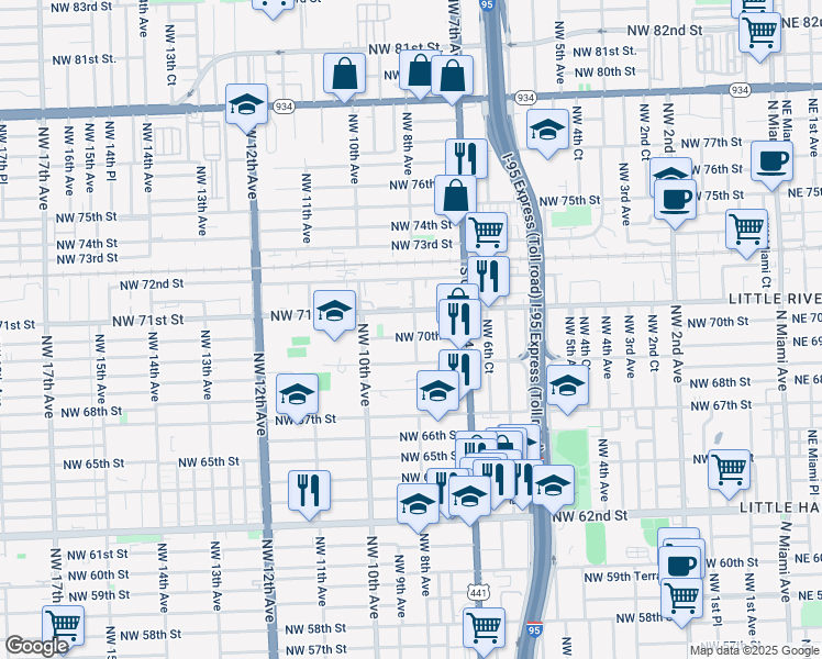 map of restaurants, bars, coffee shops, grocery stores, and more near 7000 Northwest 8th Avenue in Miami
