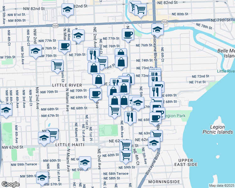 map of restaurants, bars, coffee shops, grocery stores, and more near 330 Northeast 70th Street in Miami