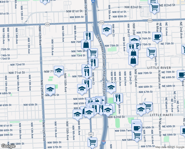 map of restaurants, bars, coffee shops, grocery stores, and more near 7012 Northwest 6th Court in Miami