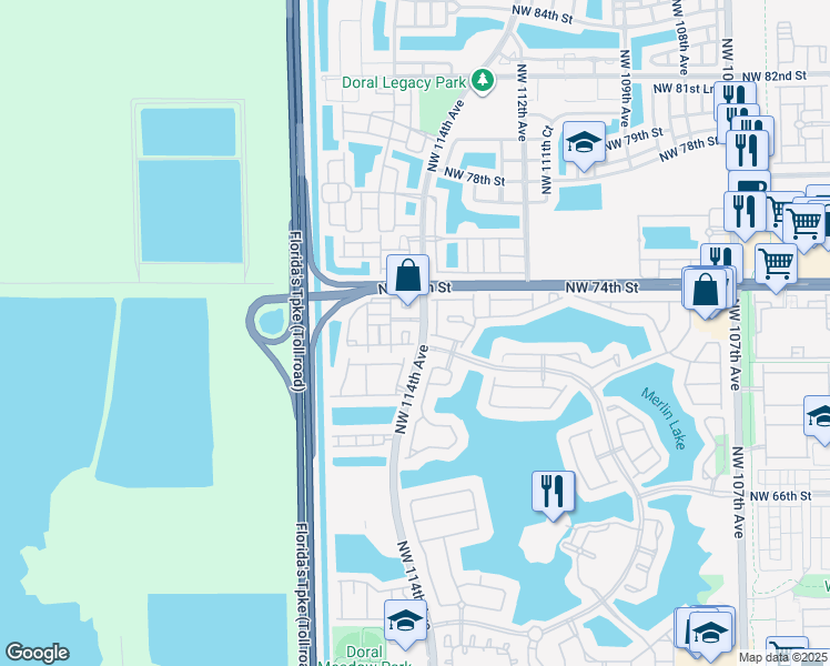map of restaurants, bars, coffee shops, grocery stores, and more near 7246 Northwest 113th Place in Doral
