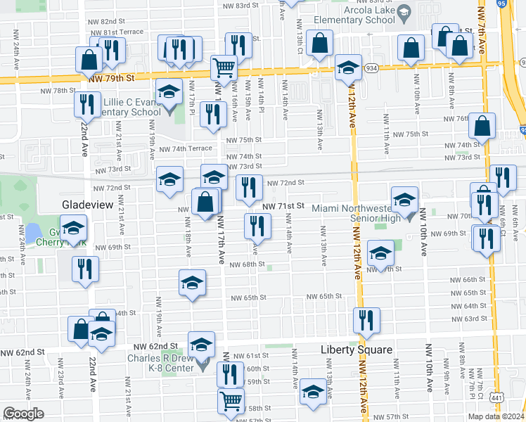 map of restaurants, bars, coffee shops, grocery stores, and more near 1474 Northwest 71st Street in Miami