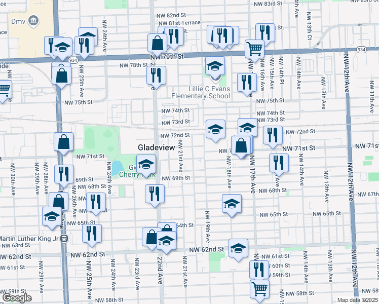 map of restaurants, bars, coffee shops, grocery stores, and more near 7036 Northwest 20th Avenue in Miami
