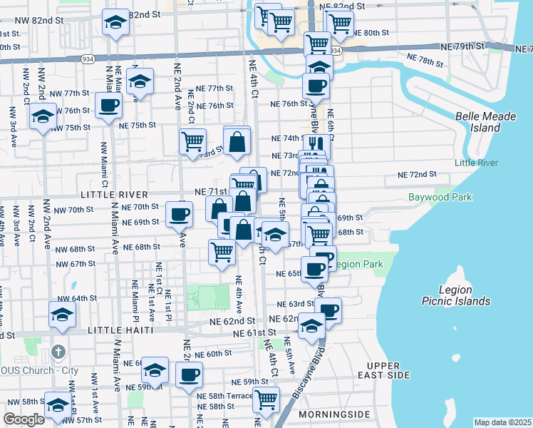 map of restaurants, bars, coffee shops, grocery stores, and more near 469 Northeast 69th Street in Miami