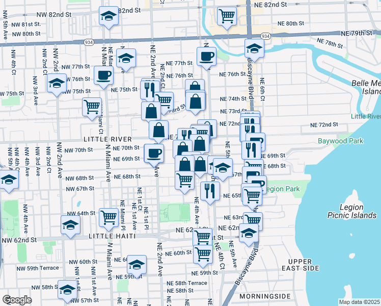 map of restaurants, bars, coffee shops, grocery stores, and more near 318 Northeast 70th Street in Miami