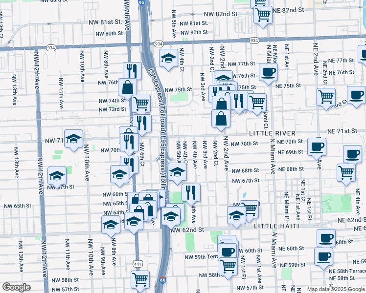 map of restaurants, bars, coffee shops, grocery stores, and more near 7008 Northwest 5 Avenue in Miami