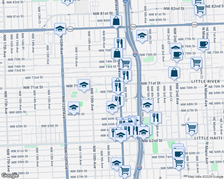 map of restaurants, bars, coffee shops, grocery stores, and more near 733 Northwest 70th Street in Miami