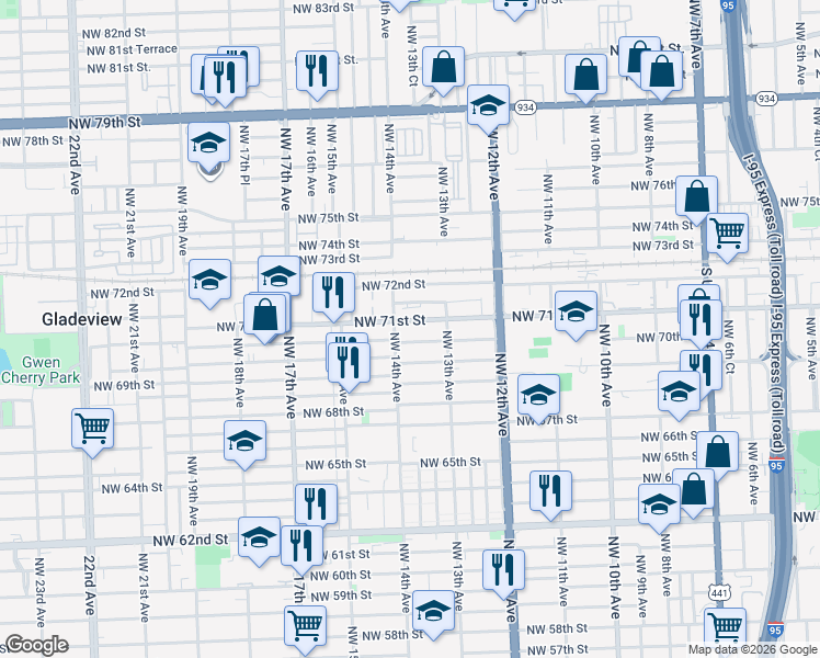 map of restaurants, bars, coffee shops, grocery stores, and more near 1342 Northwest 71st Street in Miami