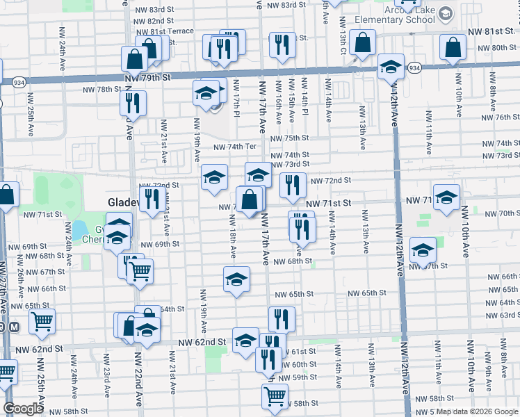map of restaurants, bars, coffee shops, grocery stores, and more near 1736 Northwest 71st Street in Miami
