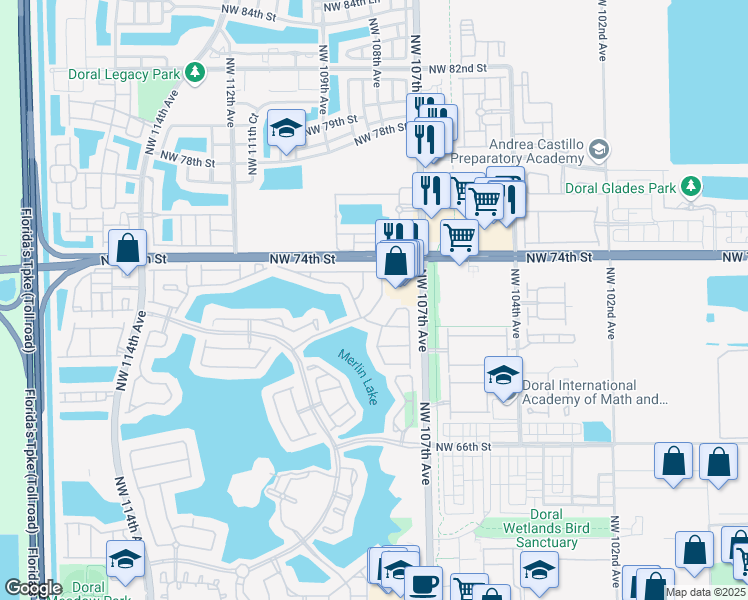 map of restaurants, bars, coffee shops, grocery stores, and more near 10900 Northwest 72nd Street in Doral