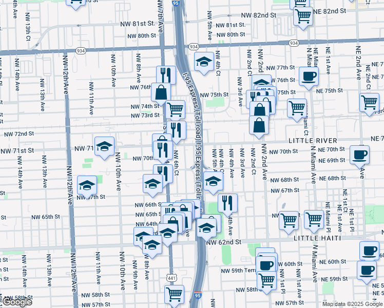 map of restaurants, bars, coffee shops, grocery stores, and more near 7012 Northwest 5th Place in Miami