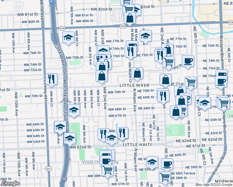 map of restaurants, bars, coffee shops, grocery stores, and more near 130 Northwest 70th Street in Miami