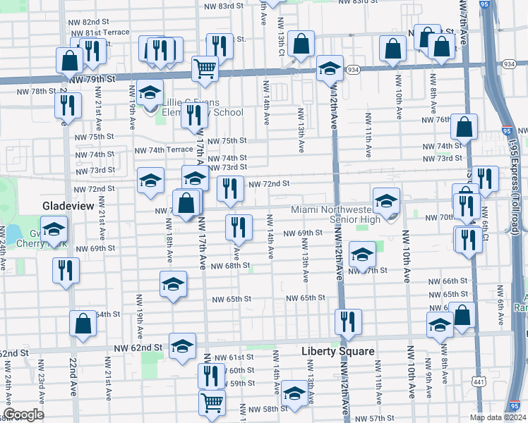 map of restaurants, bars, coffee shops, grocery stores, and more near 1410 Northwest 71st Street in Miami