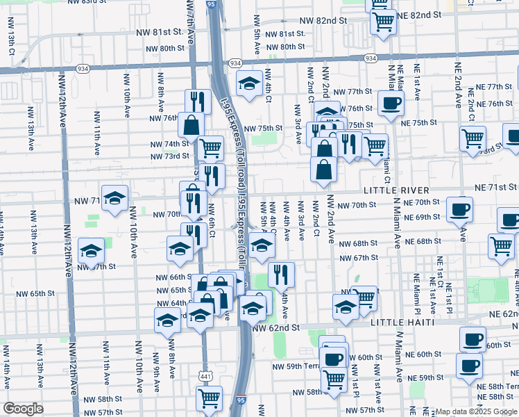 map of restaurants, bars, coffee shops, grocery stores, and more near 7008 Northwest 5th Avenue in Miami