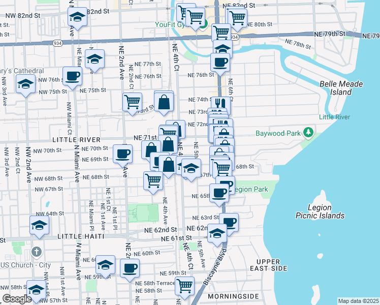 map of restaurants, bars, coffee shops, grocery stores, and more near 469 Northeast 69th Street in Miami