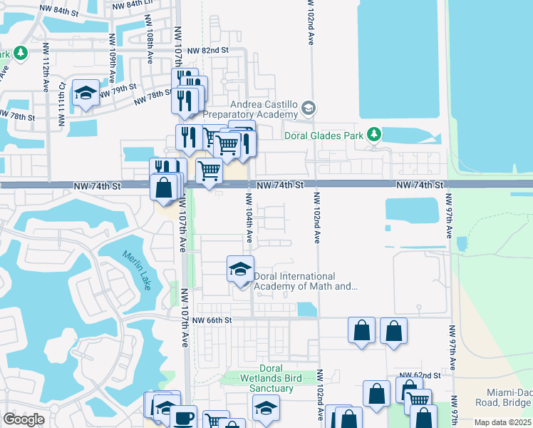 map of restaurants, bars, coffee shops, grocery stores, and more near 10281 Northwest 72nd Street in Doral