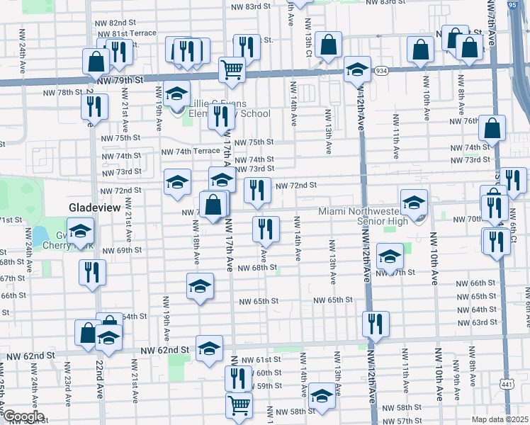 map of restaurants, bars, coffee shops, grocery stores, and more near 1492 Northwest 71st Street in Miami