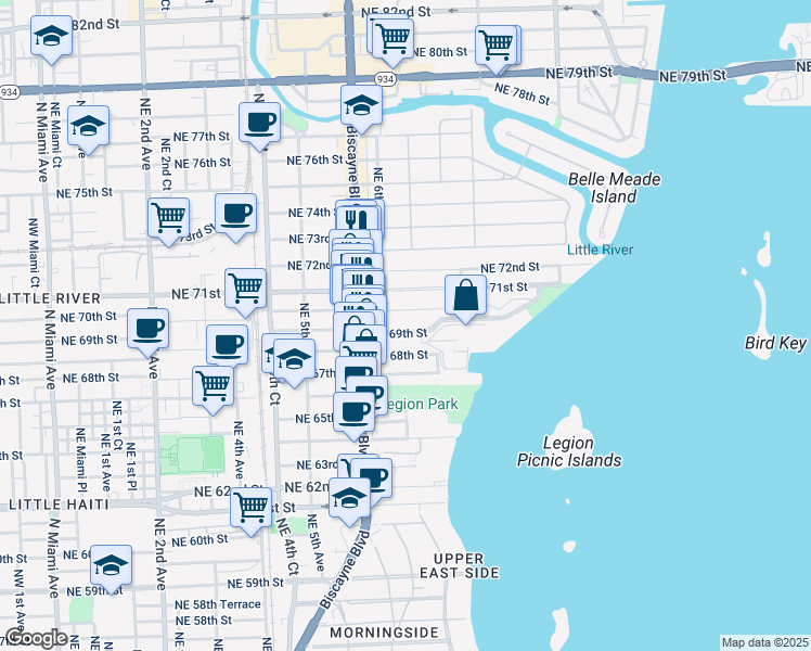 map of restaurants, bars, coffee shops, grocery stores, and more near 691 Northeast 69th Street in Miami