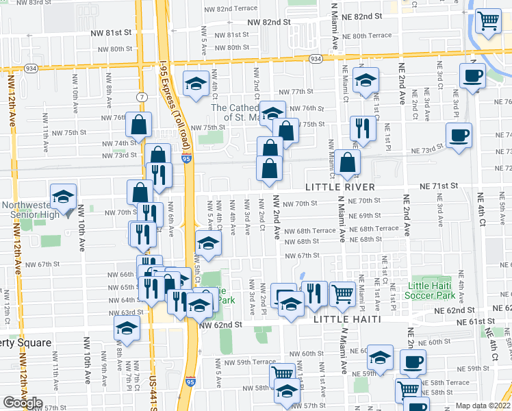 map of restaurants, bars, coffee shops, grocery stores, and more near 6962 Northwest 2nd Court in Miami