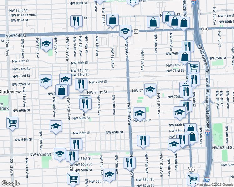 map of restaurants, bars, coffee shops, grocery stores, and more near 1268 Northwest 71st Street in Miami