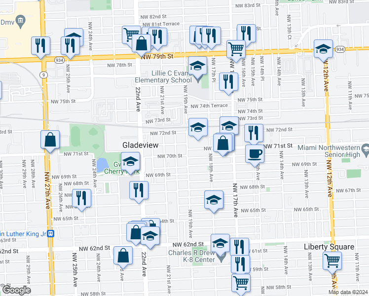 map of restaurants, bars, coffee shops, grocery stores, and more near 7036 Northwest 19th Avenue in Miami