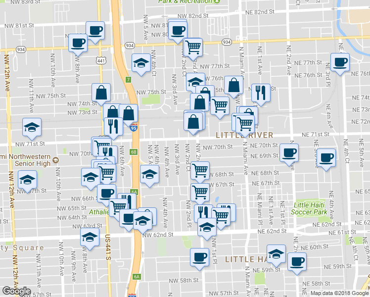 map of restaurants, bars, coffee shops, grocery stores, and more near 6962 Northwest 2nd Court in Miami