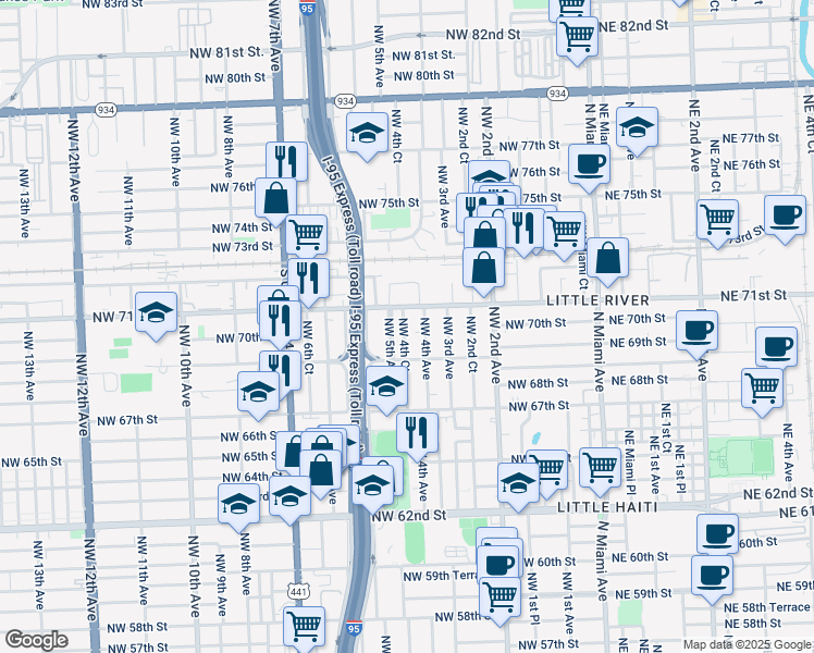 map of restaurants, bars, coffee shops, grocery stores, and more near 6940 Northwest 4th Avenue in Miami