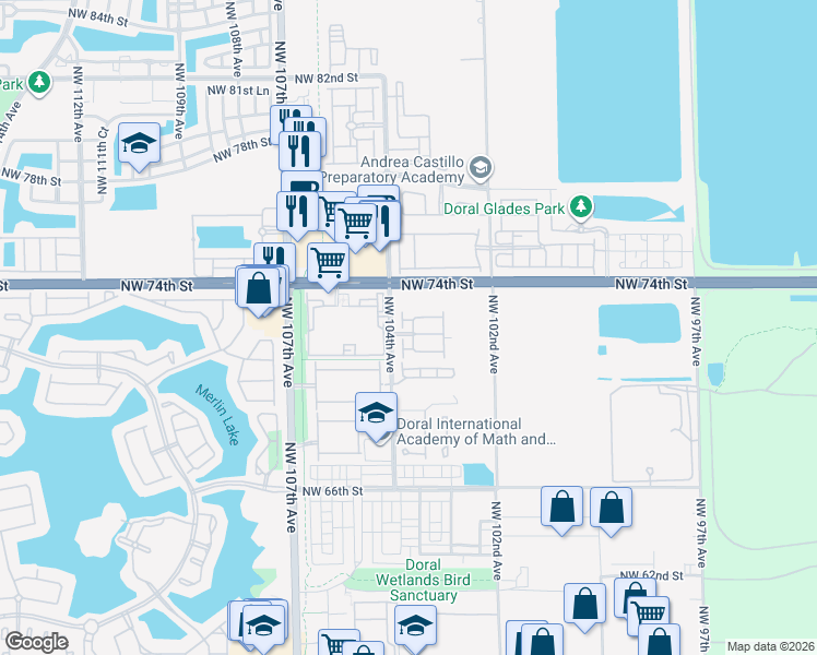 map of restaurants, bars, coffee shops, grocery stores, and more near 10281 Northwest 72nd Street in Doral