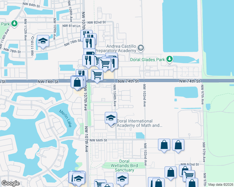 map of restaurants, bars, coffee shops, grocery stores, and more near 10281 Northwest 72nd Street in Doral