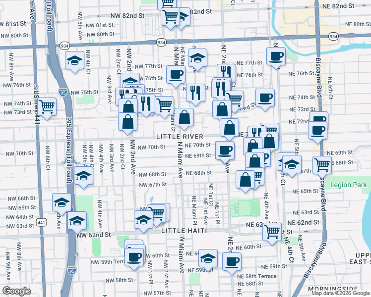 map of restaurants, bars, coffee shops, grocery stores, and more near 25 Northeast 69th Street in Miami