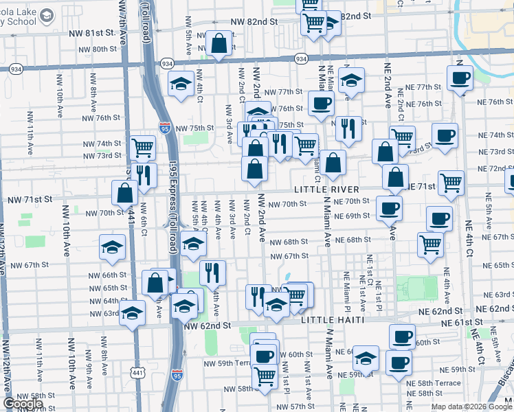map of restaurants, bars, coffee shops, grocery stores, and more near 6975 Northwest 2nd Avenue in Miami