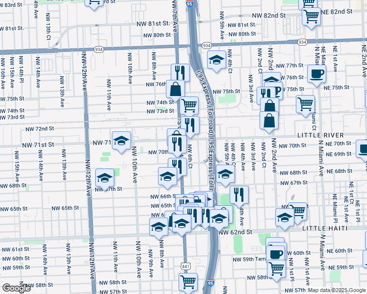 map of restaurants, bars, coffee shops, grocery stores, and more near 7012 Northwest 6th Court in Miami
