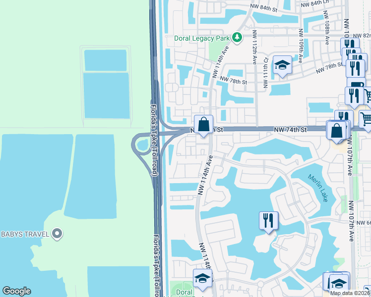 map of restaurants, bars, coffee shops, grocery stores, and more near 7300 Northwest 114th Avenue in Doral