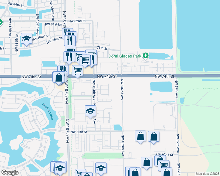 map of restaurants, bars, coffee shops, grocery stores, and more near 7205 Northwest 103rd Avenue in Doral
