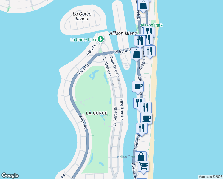 map of restaurants, bars, coffee shops, grocery stores, and more near 5860 Lagorce Drive in Miami Beach