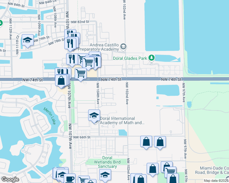 map of restaurants, bars, coffee shops, grocery stores, and more near 7205 Northwest 103rd Avenue in Doral