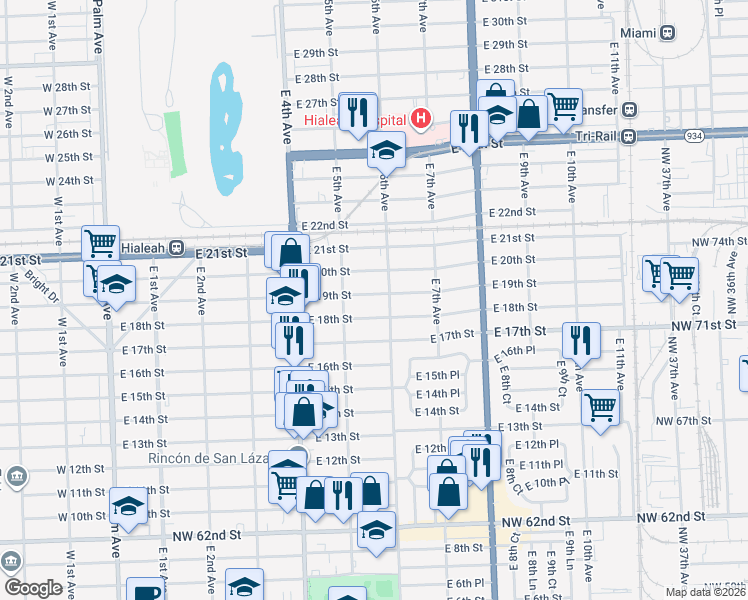 map of restaurants, bars, coffee shops, grocery stores, and more near 542 East 19th Street in Hialeah