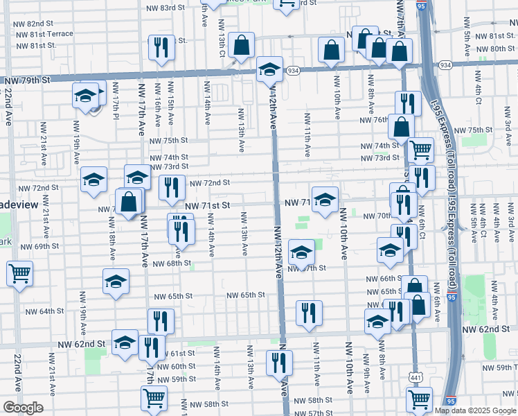 map of restaurants, bars, coffee shops, grocery stores, and more near 1268 Northwest 71st Street in Miami