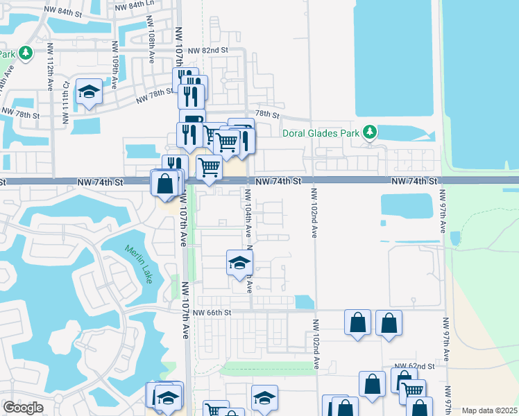 map of restaurants, bars, coffee shops, grocery stores, and more near 10281 Northwest 72nd Street in Doral