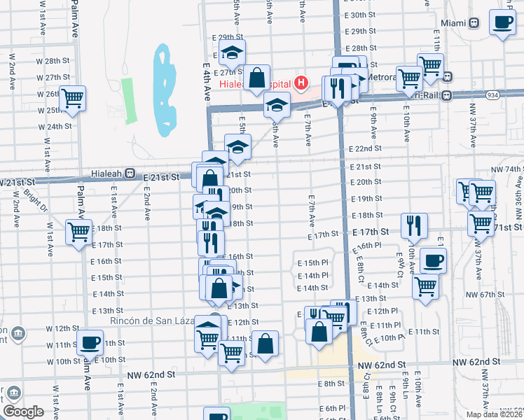 map of restaurants, bars, coffee shops, grocery stores, and more near 542 East 19th Street in Hialeah