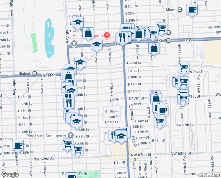 map of restaurants, bars, coffee shops, grocery stores, and more near 692 East 19th Street in Hialeah